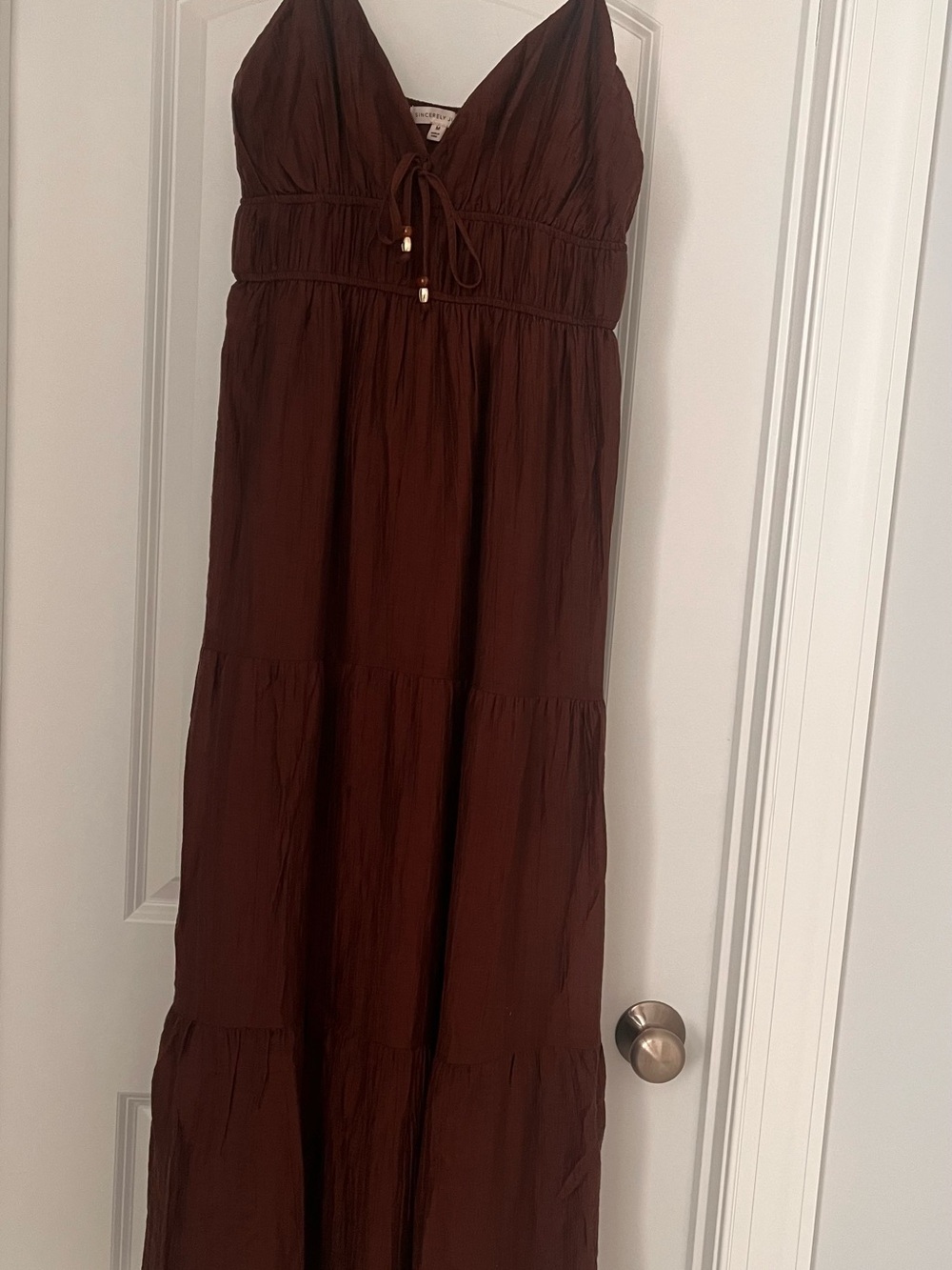 Sincerely Jules Chocolate Brown Tiered Maxi Dress with Tie Front